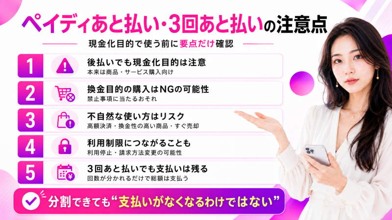 ペイディ現金化であと払い・3回後払いを現金化するときの注意点